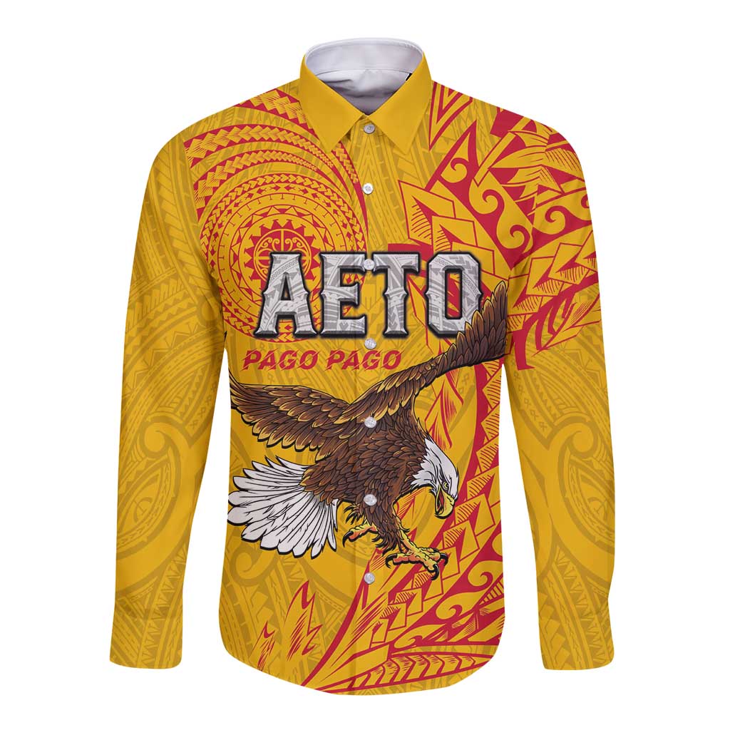 Personalised American Samoa Flag Day Long Sleeve Button Shirt Fautasi Race Pago Pago-Aeto Eagle Wings Tribal Style