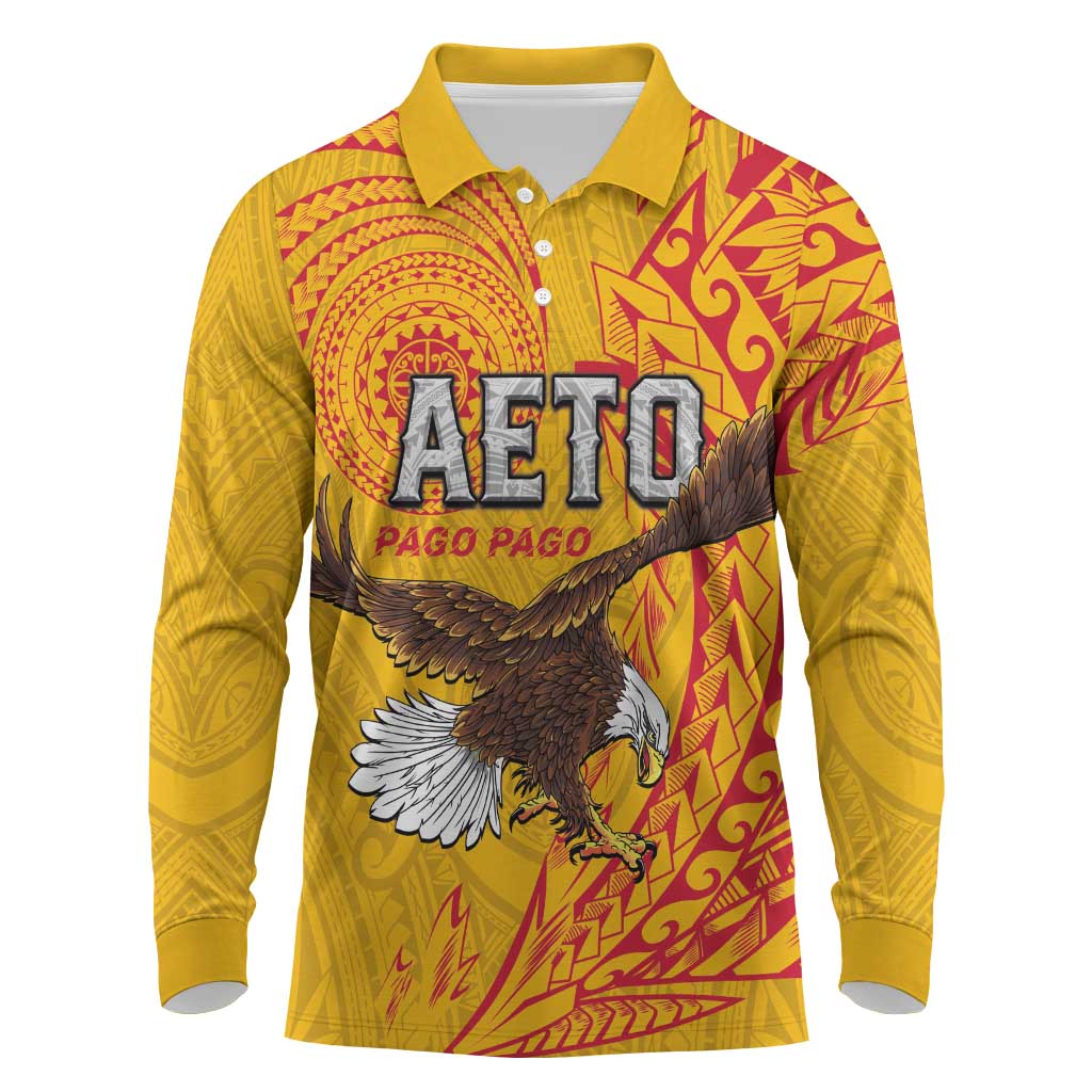 Personalised American Samoa Flag Day Long Sleeve Polo Shirt Fautasi Race Pago Pago-Aeto Eagle Wings Tribal Style