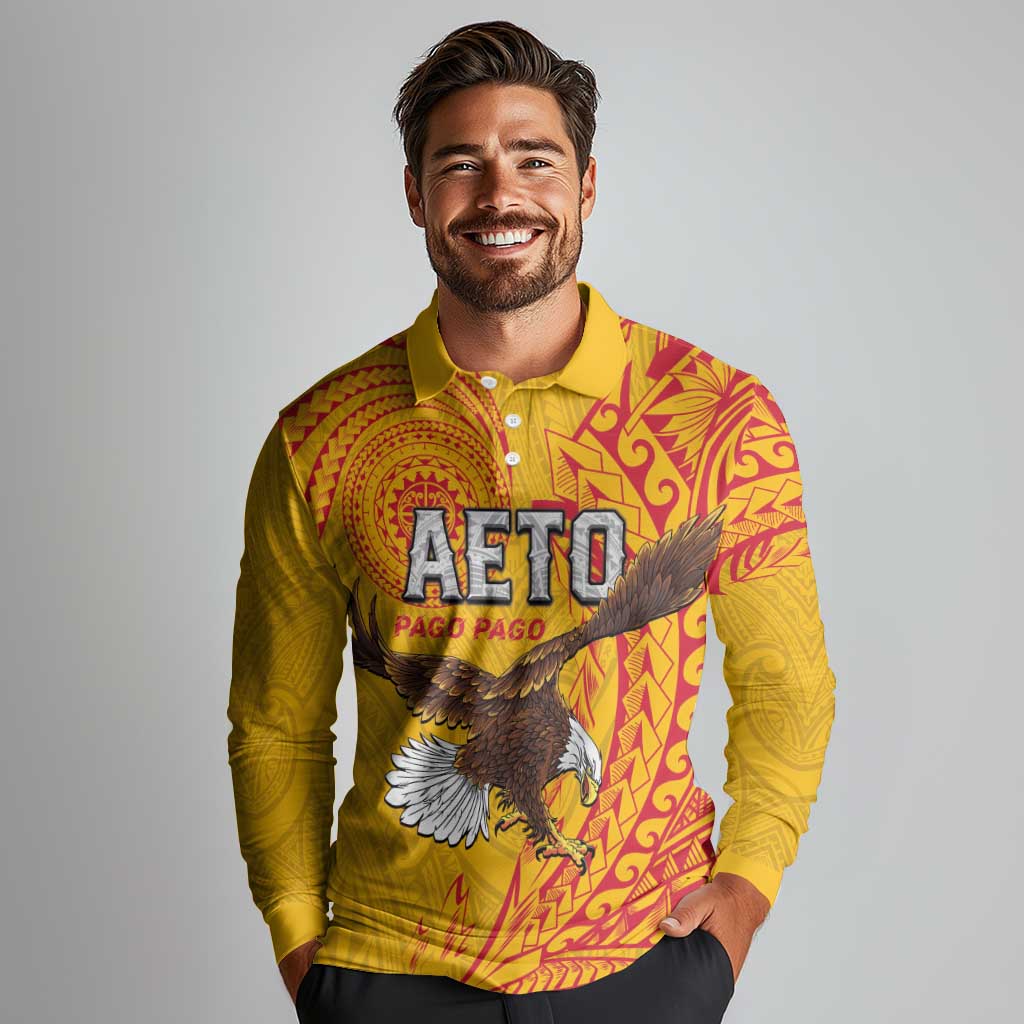 Personalised American Samoa Flag Day Long Sleeve Polo Shirt Fautasi Race Pago Pago-Aeto Eagle Wings Tribal Style