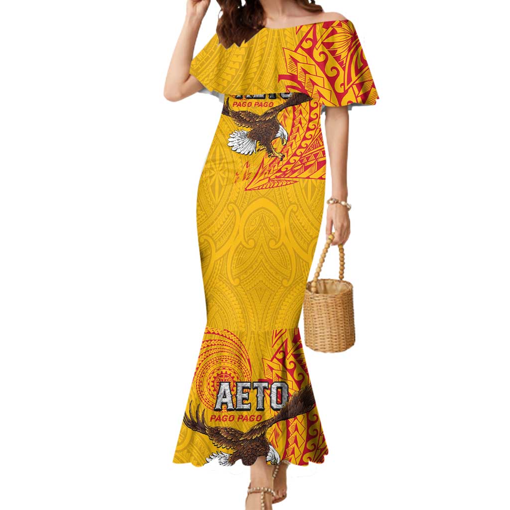 Personalised American Samoa Flag Day Mermaid Dress Fautasi Race Pago Pago-Aeto Eagle Wings Tribal Style