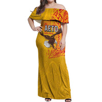 Personalised American Samoa Flag Day Off Shoulder Maxi Dress Fautasi Race Pago Pago-Aeto Eagle Wings Tribal Style