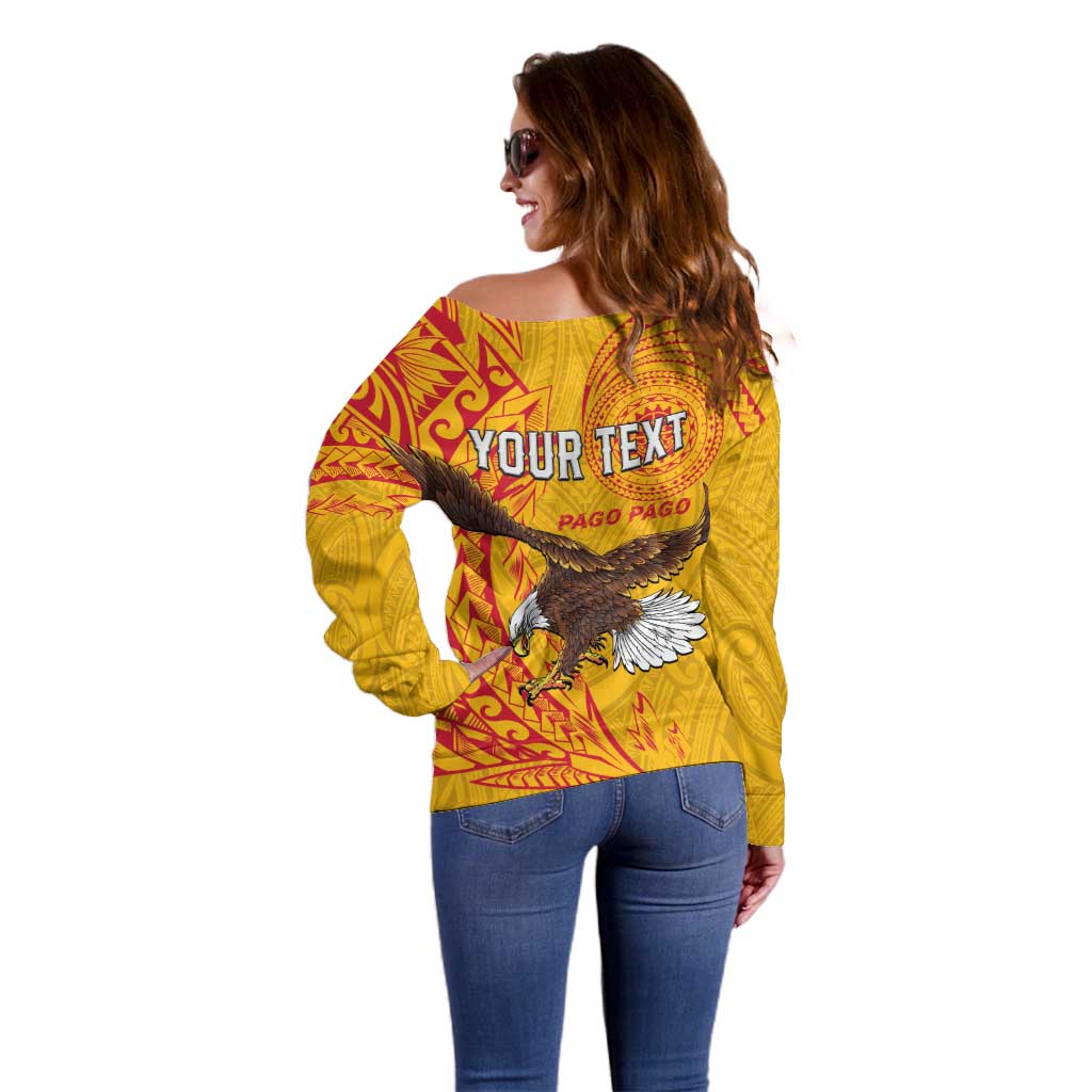 Personalised American Samoa Flag Day Off Shoulder Sweater Fautasi Race Pago Pago-Aeto Eagle Wings Tribal Style