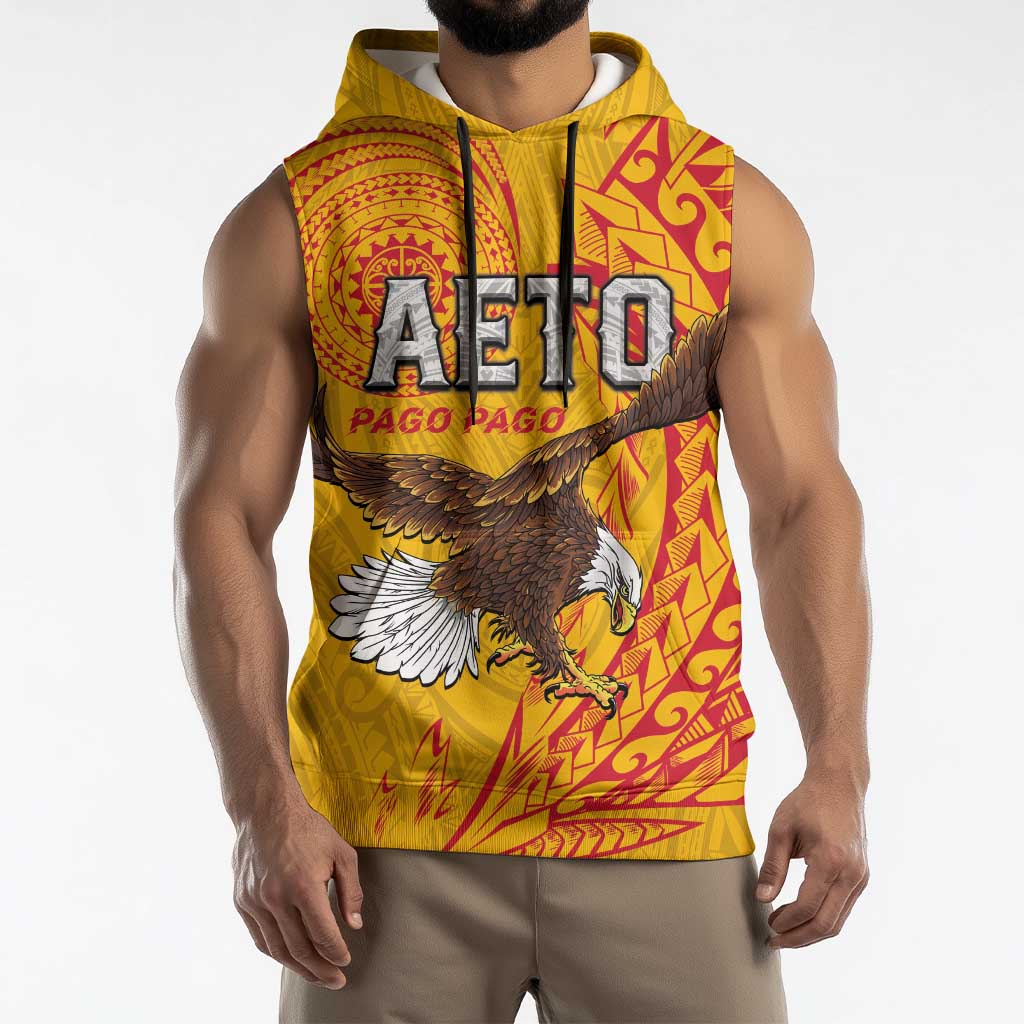 Personalised American Samoa Flag Day Sleeveless Hoodie Fautasi Race Pago Pago-Aeto Eagle Wings Tribal Style