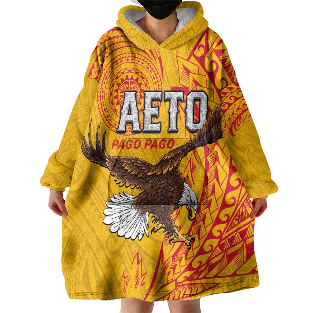 Personalised American Samoa Flag Day Wearable Blanket Hoodie Fautasi Race Pago Pago-Aeto Eagle Wings Tribal Style