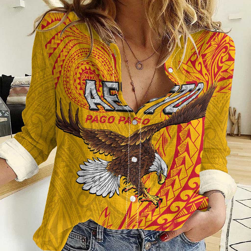 Personalised American Samoa Flag Day Women Casual Shirt Fautasi Race Pago Pago-Aeto Eagle Wings Tribal Style