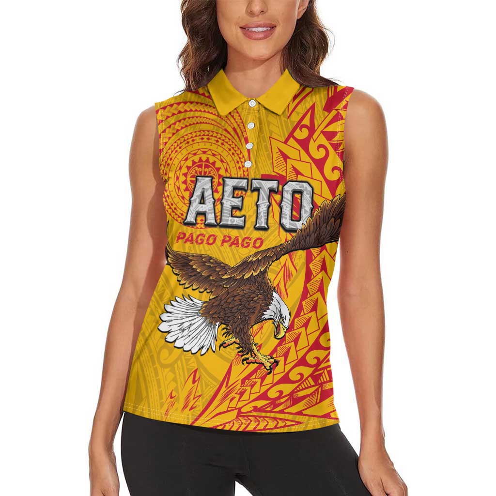 Personalised American Samoa Flag Day Women Sleeveless Polo Shirt Fautasi Race Pago Pago-Aeto Eagle Wings Tribal Style