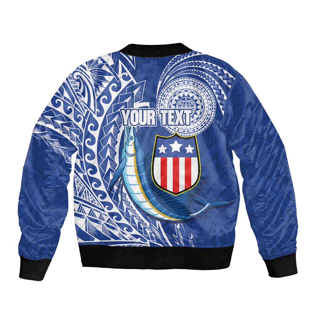 Personalised American Samoa Flag Day Bomber Jacket Fautasi Race Fagatogo-Iseula O Le Moana Sailfish Tribal Style