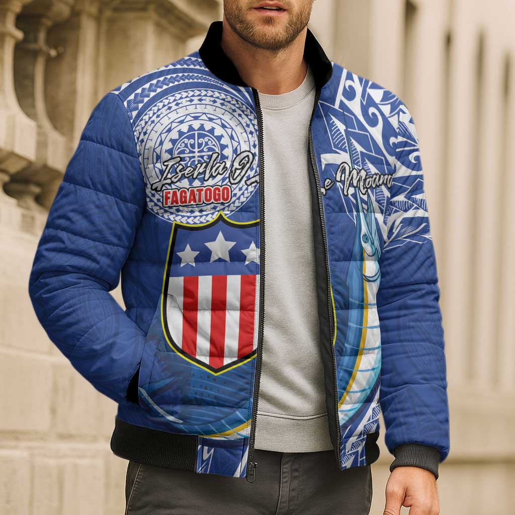 Personalised American Samoa Flag Day Bomber Puffer Jacket Fautasi Race Fagatogo-Iseula O Le Moana Sailfish Tribal Style LT03 - Polynesian Pride