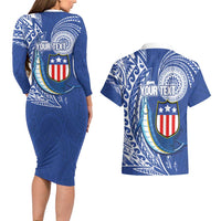 Personalised American Samoa Flag Day Couples Matching Long Sleeve Bodycon Dress and Hawaiian Shirt Fautasi Race Fagatogo-Iseula O Le Moana Sailfish Tribal Style