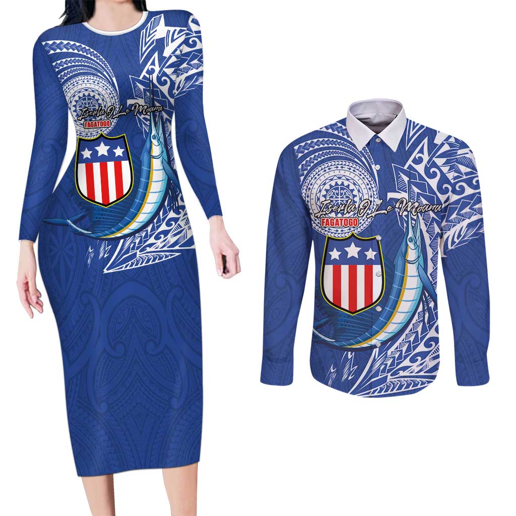 Personalised American Samoa Flag Day Couples Matching Long Sleeve Bodycon Dress and Long Sleeve Button Shirt Fautasi Race Fagatogo-Iseula O Le Moana Sailfish Tribal Style