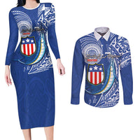 Personalised American Samoa Flag Day Couples Matching Long Sleeve Bodycon Dress and Long Sleeve Button Shirt Fautasi Race Fagatogo-Iseula O Le Moana Sailfish Tribal Style
