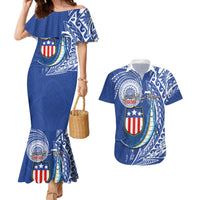 Personalised American Samoa Flag Day Couples Matching Mermaid Dress and Hawaiian Shirt Fautasi Race Fagatogo-Iseula O Le Moana Sailfish Tribal Style