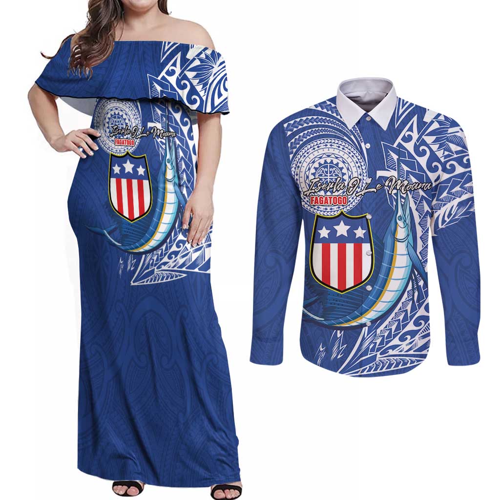 Personalised American Samoa Flag Day Couples Matching Off Shoulder Maxi Dress and Long Sleeve Button Shirt Fautasi Race Fagatogo-Iseula O Le Moana Sailfish Tribal Style