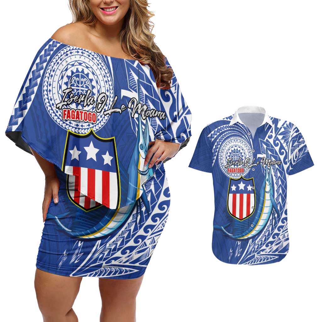 Personalised American Samoa Flag Day Couples Matching Off Shoulder Short Dress and Hawaiian Shirt Fautasi Race Fagatogo-Iseula O Le Moana Sailfish Tribal Style LT03 Multicolor - Polynesian Pride