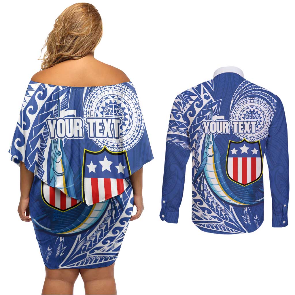 Personalised American Samoa Flag Day Couples Matching Off Shoulder Short Dress and Long Sleeve Button Shirt Fautasi Race Fagatogo-Iseula O Le Moana Sailfish Tribal Style