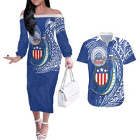 Personalised American Samoa Flag Day Couples Matching Off The Shoulder Long Sleeve Dress and Hawaiian Shirt Fautasi Race Fagatogo-Iseula O Le Moana Sailfish Tribal Style