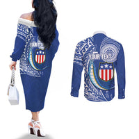 Personalised American Samoa Flag Day Couples Matching Off The Shoulder Long Sleeve Dress and Long Sleeve Button Shirt Fautasi Race Fagatogo-Iseula O Le Moana Sailfish Tribal Style