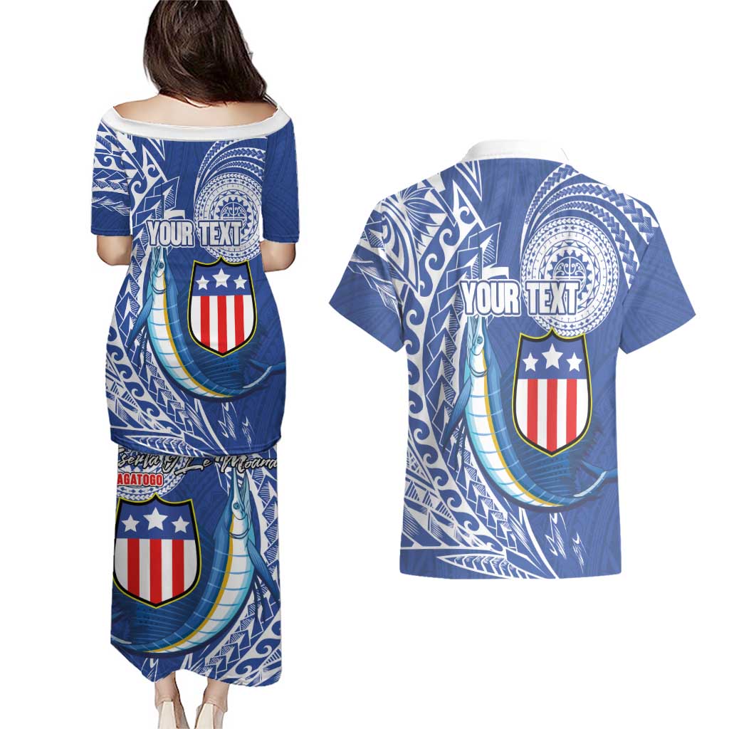 Personalised American Samoa Flag Day Couples Matching Puletasi and Hawaiian Shirt Fautasi Race Fagatogo-Iseula O Le Moana Sailfish Tribal Style