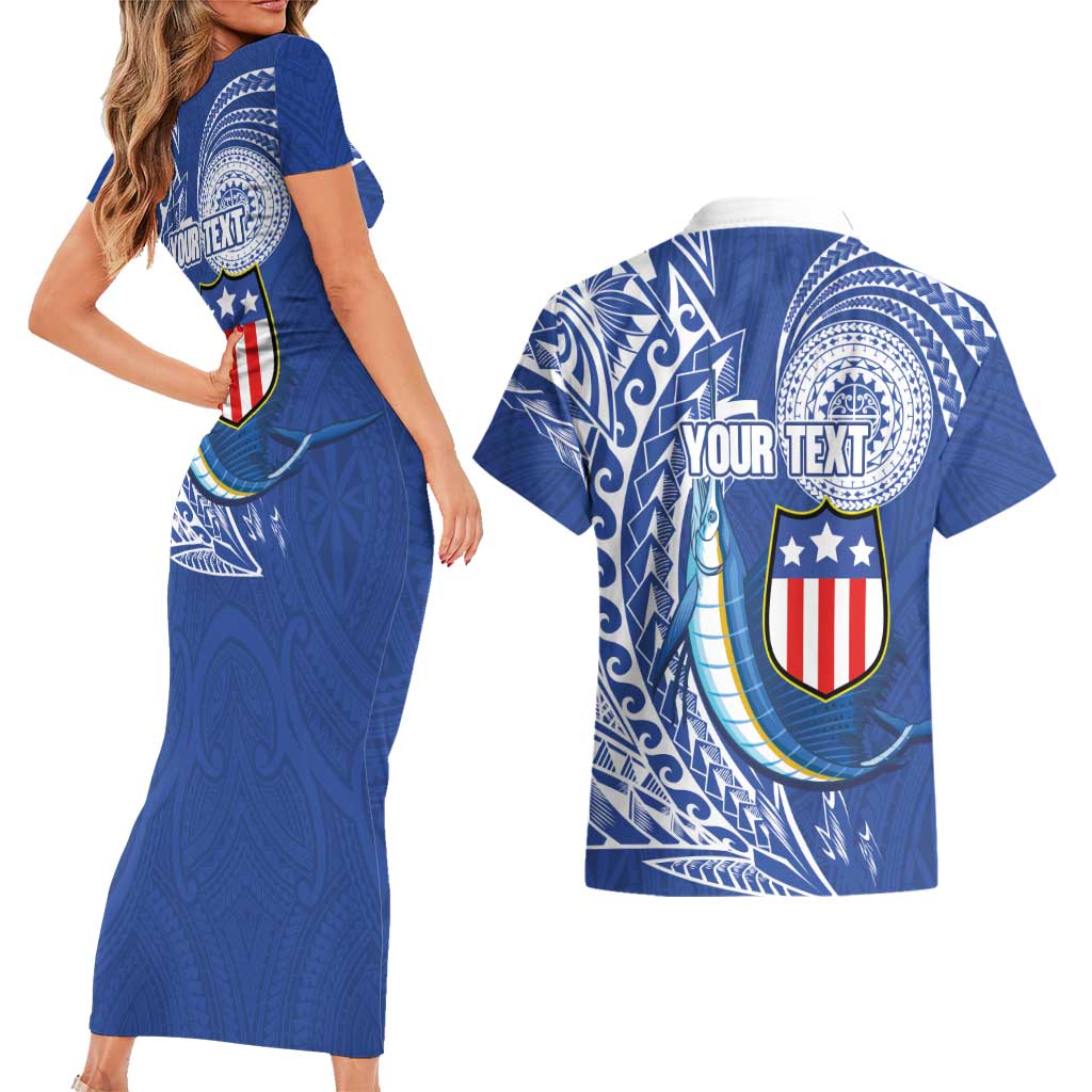 Personalised American Samoa Flag Day Couples Matching Short Sleeve Bodycon Dress and Hawaiian Shirt Fautasi Race Fagatogo-Iseula O Le Moana Sailfish Tribal Style