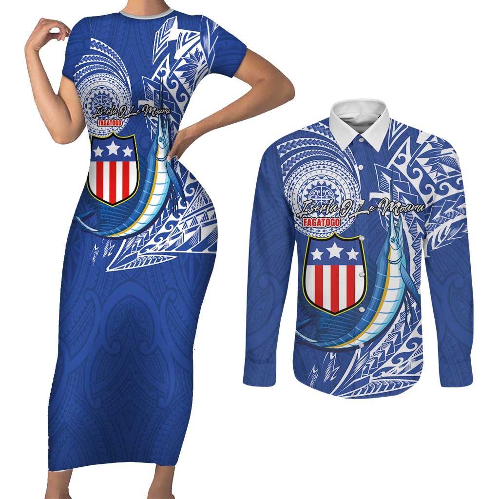Personalised American Samoa Flag Day Couples Matching Short Sleeve Bodycon Dress and Long Sleeve Button Shirt Fautasi Race Fagatogo-Iseula O Le Moana Sailfish Tribal Style