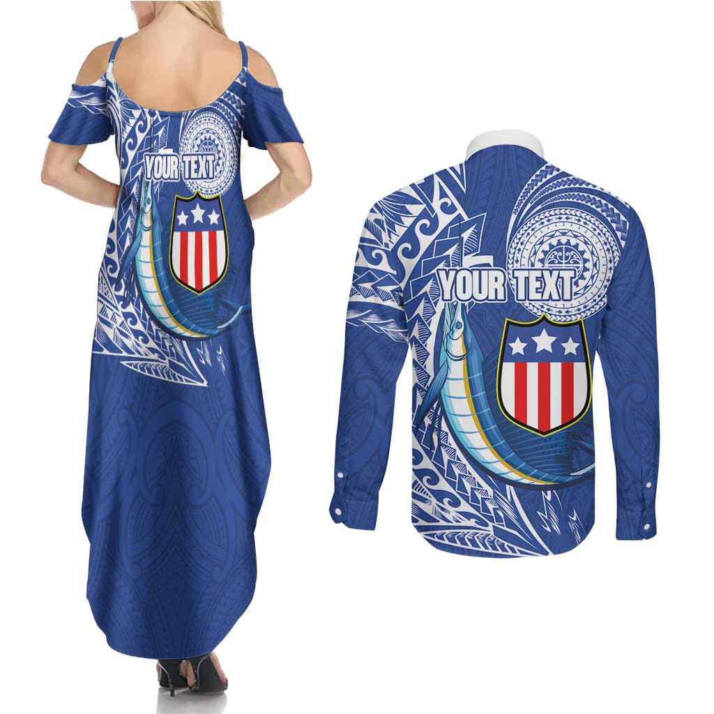 Personalised American Samoa Flag Day Couples Matching Summer Maxi Dress and Long Sleeve Button Shirt Fautasi Race Fagatogo-Iseula O Le Moana Sailfish Tribal Style