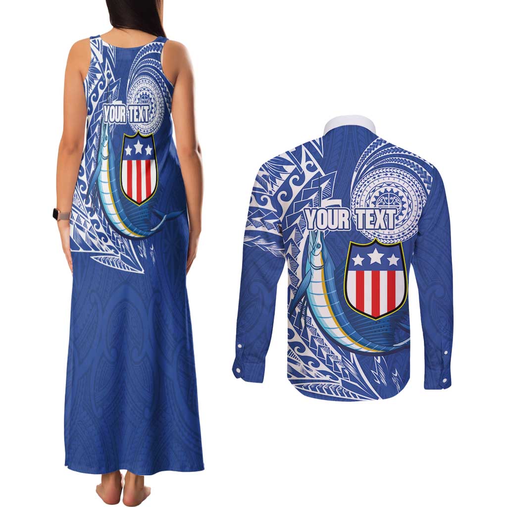 Personalised American Samoa Flag Day Couples Matching Tank Maxi Dress and Long Sleeve Button Shirt Fautasi Race Fagatogo-Iseula O Le Moana Sailfish Tribal Style