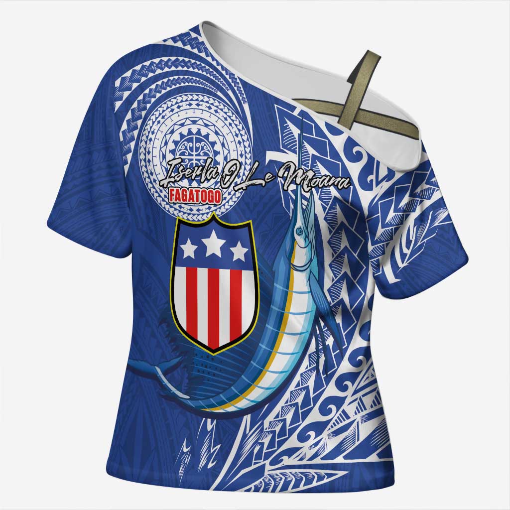 Personalised American Samoa Flag Day Cross Shoulder Shirt Fautasi Race Fagatogo-Iseula O Le Moana Sailfish Tribal Style