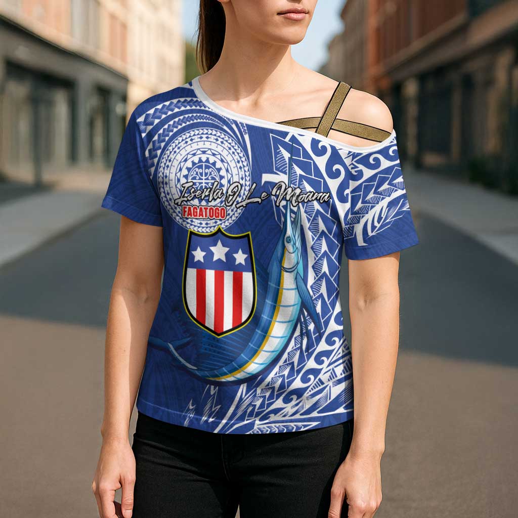 Personalised American Samoa Flag Day Cross Shoulder Shirt Fautasi Race Fagatogo-Iseula O Le Moana Sailfish Tribal Style