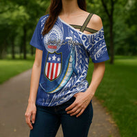 Personalised American Samoa Flag Day Cross Shoulder Shirt Fautasi Race Fagatogo-Iseula O Le Moana Sailfish Tribal Style