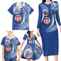 Personalised American Samoa Flag Day Family Matching Long Sleeve Bodycon Dress and Hawaiian Shirt Fautasi Race Fagatogo-Iseula O Le Moana Sailfish Tribal Style