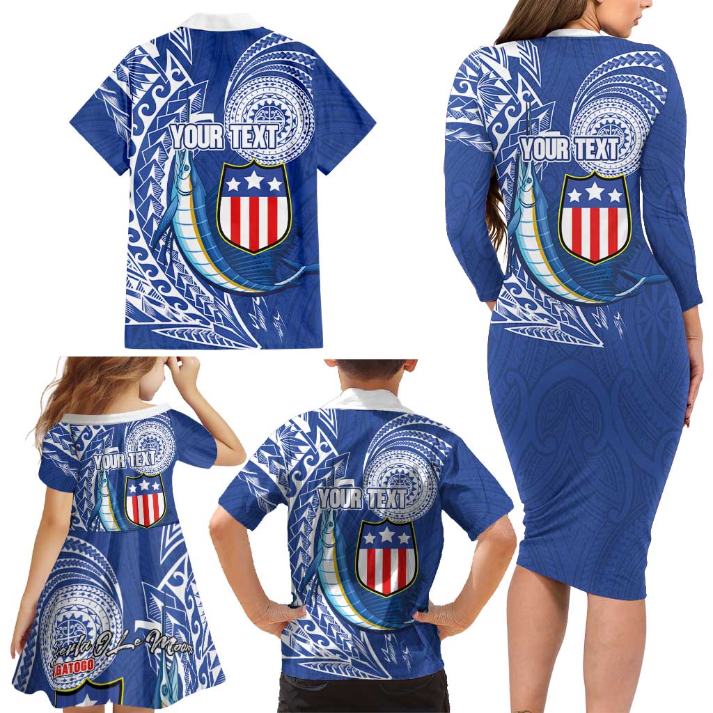 Personalised American Samoa Flag Day Family Matching Long Sleeve Bodycon Dress and Hawaiian Shirt Fautasi Race Fagatogo-Iseula O Le Moana Sailfish Tribal Style