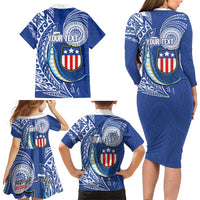 Personalised American Samoa Flag Day Family Matching Long Sleeve Bodycon Dress and Hawaiian Shirt Fautasi Race Fagatogo-Iseula O Le Moana Sailfish Tribal Style