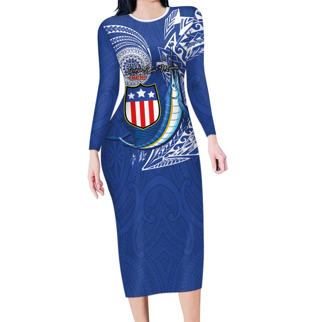 Personalised American Samoa Flag Day Family Matching Long Sleeve Bodycon Dress and Hawaiian Shirt Fautasi Race Fagatogo-Iseula O Le Moana Sailfish Tribal Style