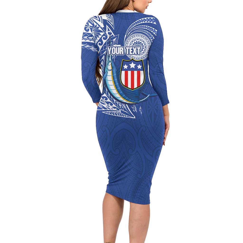 Personalised American Samoa Flag Day Family Matching Long Sleeve Bodycon Dress and Hawaiian Shirt Fautasi Race Fagatogo-Iseula O Le Moana Sailfish Tribal Style