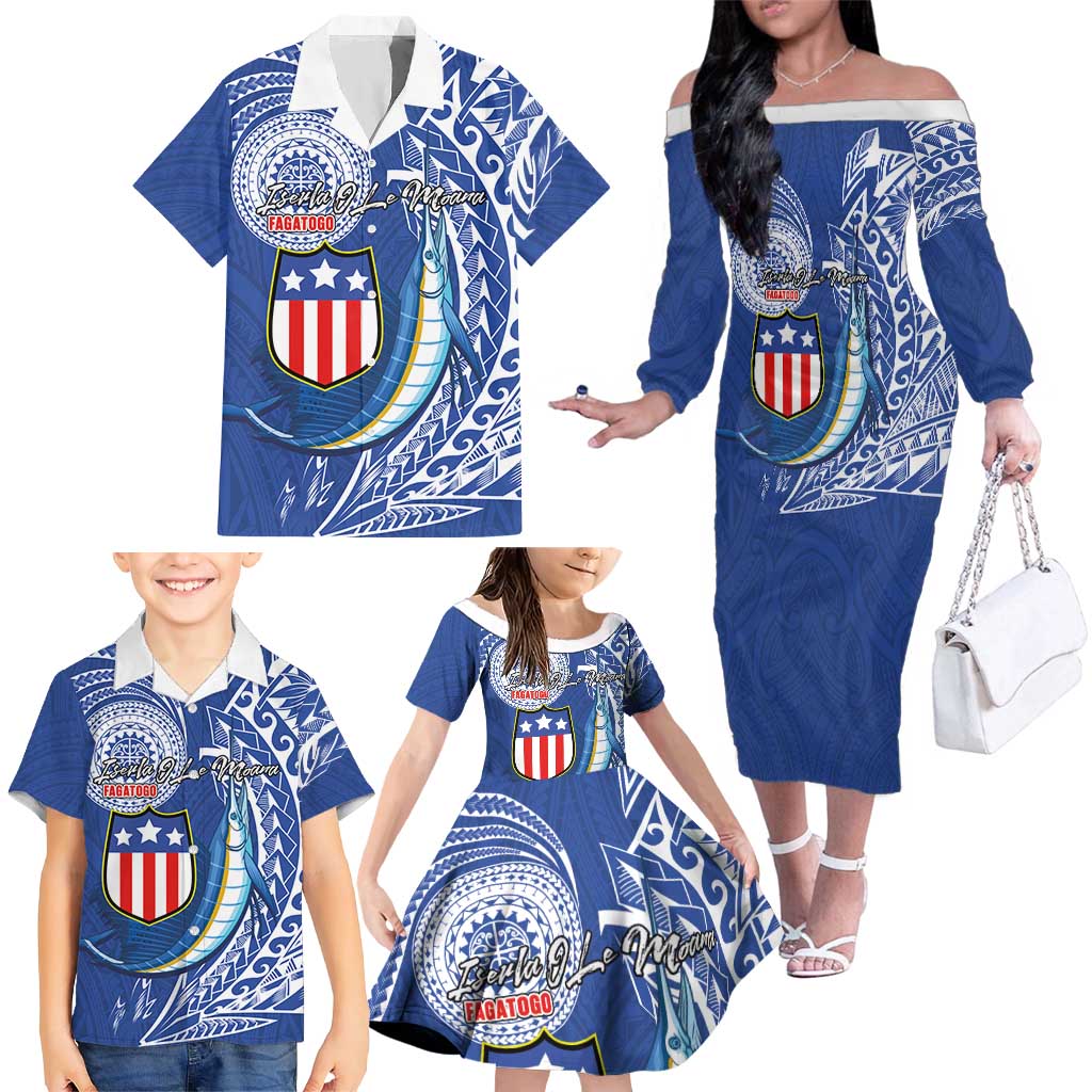 Personalised American Samoa Flag Day Family Matching Off The Shoulder Long Sleeve Dress and Hawaiian Shirt Fautasi Race Fagatogo-Iseula O Le Moana Sailfish Tribal Style