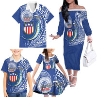 Personalised American Samoa Flag Day Family Matching Off The Shoulder Long Sleeve Dress and Hawaiian Shirt Fautasi Race Fagatogo-Iseula O Le Moana Sailfish Tribal Style