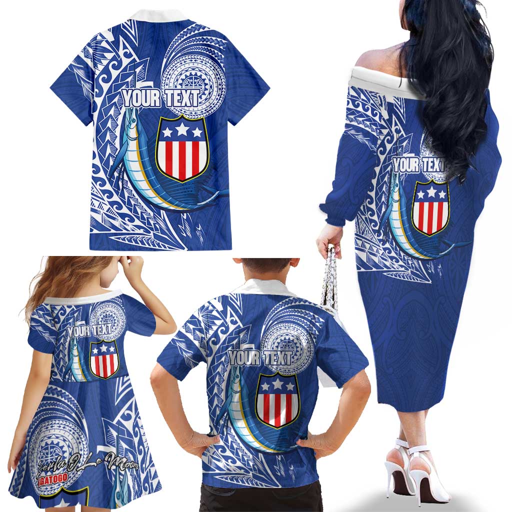 Personalised American Samoa Flag Day Family Matching Off The Shoulder Long Sleeve Dress and Hawaiian Shirt Fautasi Race Fagatogo-Iseula O Le Moana Sailfish Tribal Style