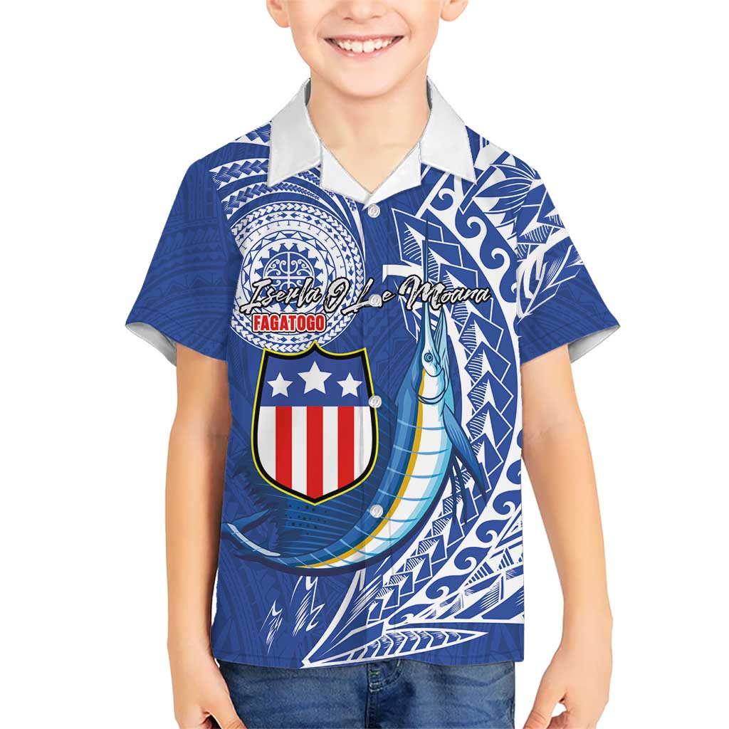 Personalised American Samoa Flag Day Family Matching Off The Shoulder Long Sleeve Dress and Hawaiian Shirt Fautasi Race Fagatogo-Iseula O Le Moana Sailfish Tribal Style