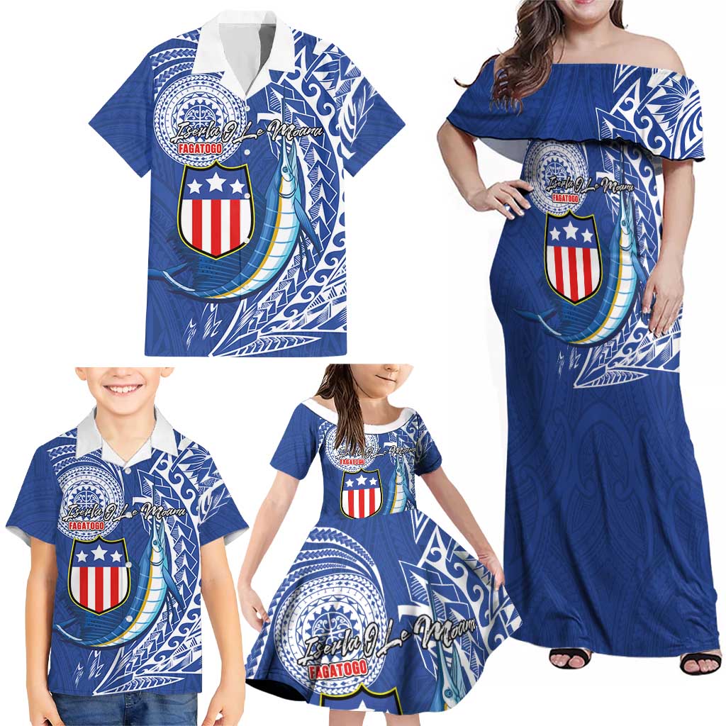 Personalised American Samoa Flag Day Family Matching Off Shoulder Maxi Dress and Hawaiian Shirt Fautasi Race Fagatogo-Iseula O Le Moana Sailfish Tribal Style