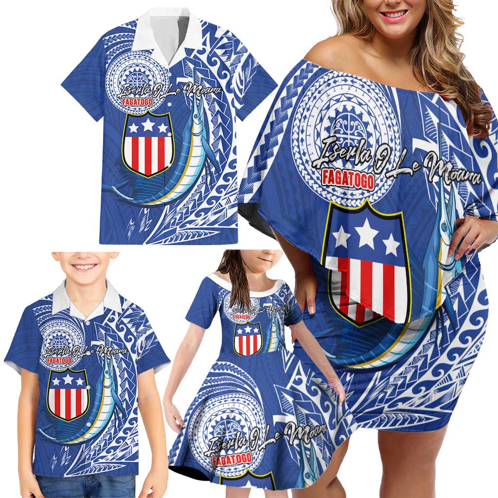 Personalised American Samoa Flag Day Family Matching Off Shoulder Short Dress and Hawaiian Shirt Fautasi Race Fagatogo-Iseula O Le Moana Sailfish Tribal Style