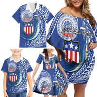 Personalised American Samoa Flag Day Family Matching Off Shoulder Short Dress and Hawaiian Shirt Fautasi Race Fagatogo-Iseula O Le Moana Sailfish Tribal Style
