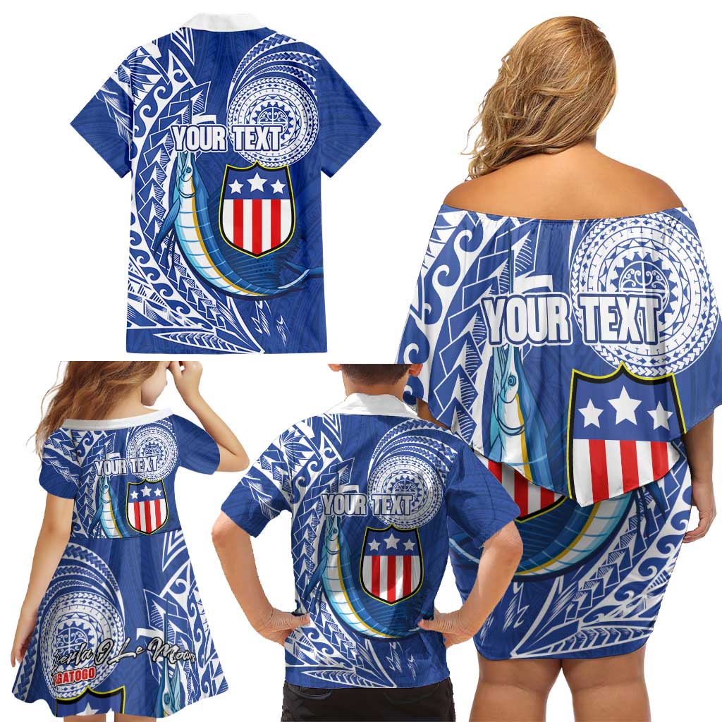 Personalised American Samoa Flag Day Family Matching Off Shoulder Short Dress and Hawaiian Shirt Fautasi Race Fagatogo-Iseula O Le Moana Sailfish Tribal Style