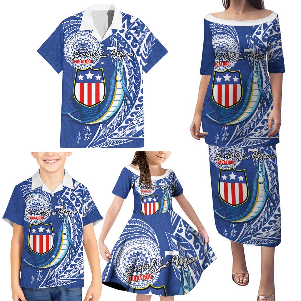 Personalised American Samoa Flag Day Family Matching Puletasi and Hawaiian Shirt Fautasi Race Fagatogo-Iseula O Le Moana Sailfish Tribal Style
