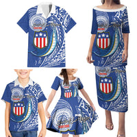 Personalised American Samoa Flag Day Family Matching Puletasi and Hawaiian Shirt Fautasi Race Fagatogo-Iseula O Le Moana Sailfish Tribal Style