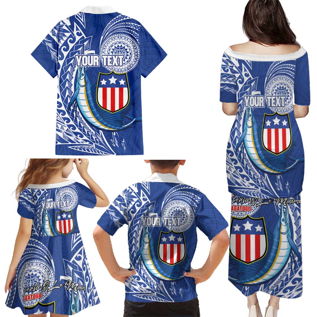 Personalised American Samoa Flag Day Family Matching Puletasi and Hawaiian Shirt Fautasi Race Fagatogo-Iseula O Le Moana Sailfish Tribal Style