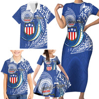 Personalised American Samoa Flag Day Family Matching Short Sleeve Bodycon Dress and Hawaiian Shirt Fautasi Race Fagatogo-Iseula O Le Moana Sailfish Tribal Style