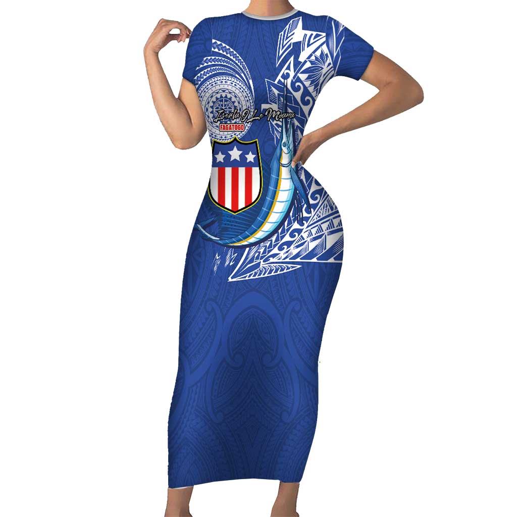Personalised American Samoa Flag Day Family Matching Short Sleeve Bodycon Dress and Hawaiian Shirt Fautasi Race Fagatogo-Iseula O Le Moana Sailfish Tribal Style