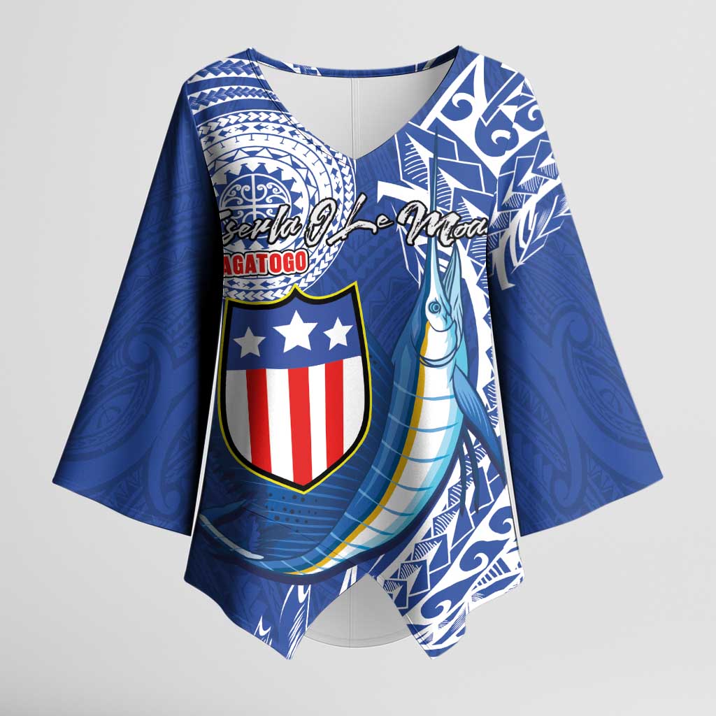 Personalised American Samoa Flag Day Kimono Sleeve Blouse Fautasi Race Fagatogo-Iseula O Le Moana Sailfish Tribal Style