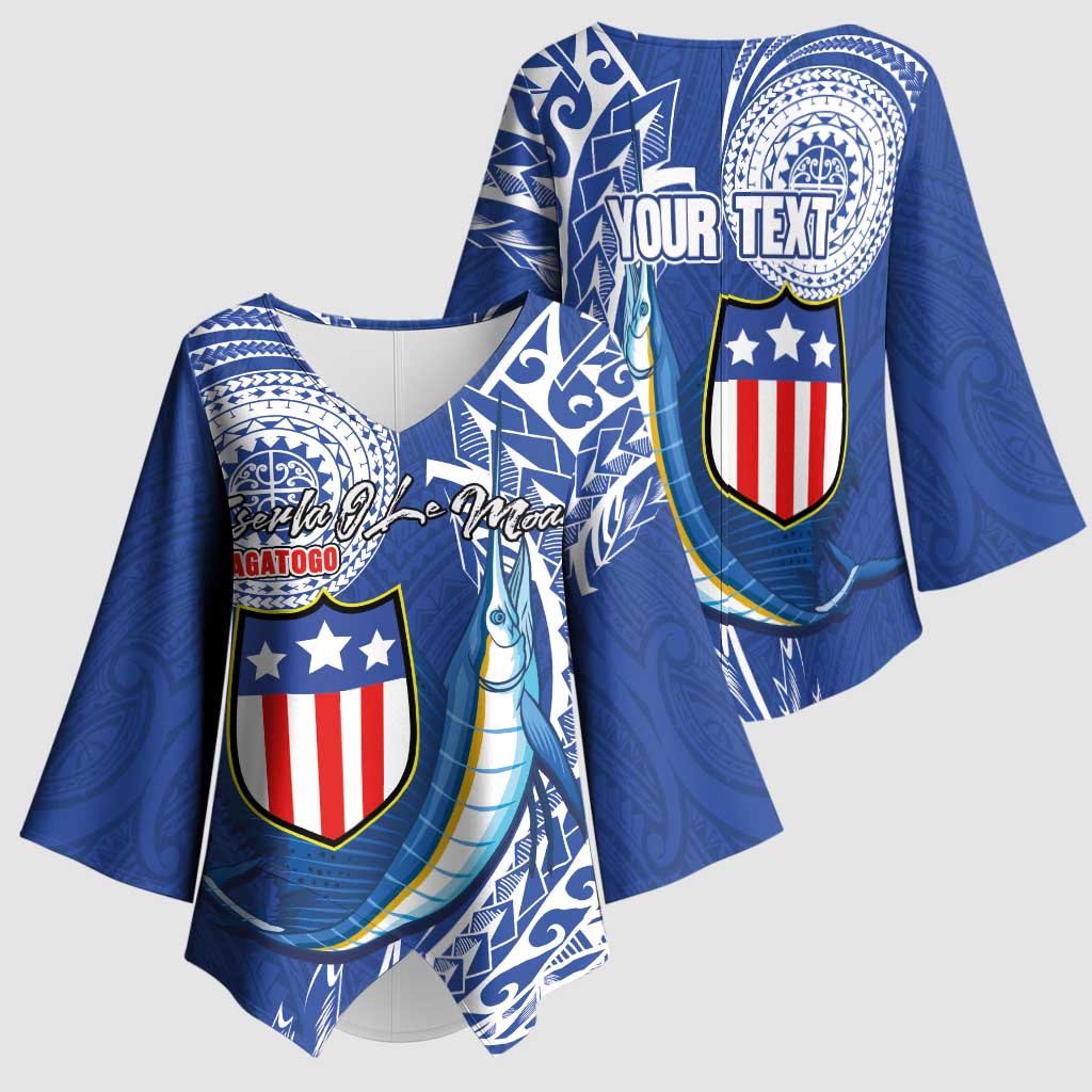 Personalised American Samoa Flag Day Kimono Sleeve Blouse Fautasi Race Fagatogo-Iseula O Le Moana Sailfish Tribal Style