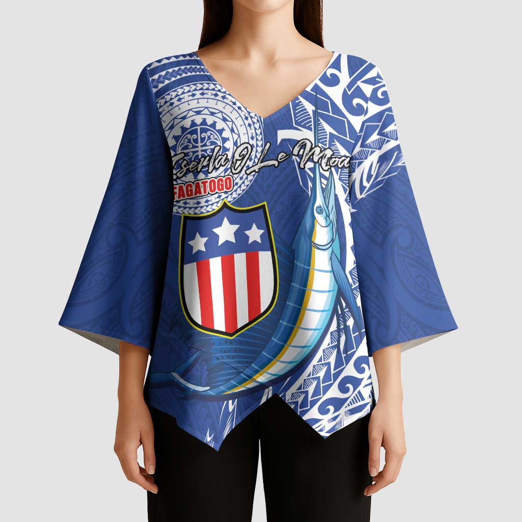 Personalised American Samoa Flag Day Kimono Sleeve Blouse Fautasi Race Fagatogo-Iseula O Le Moana Sailfish Tribal Style